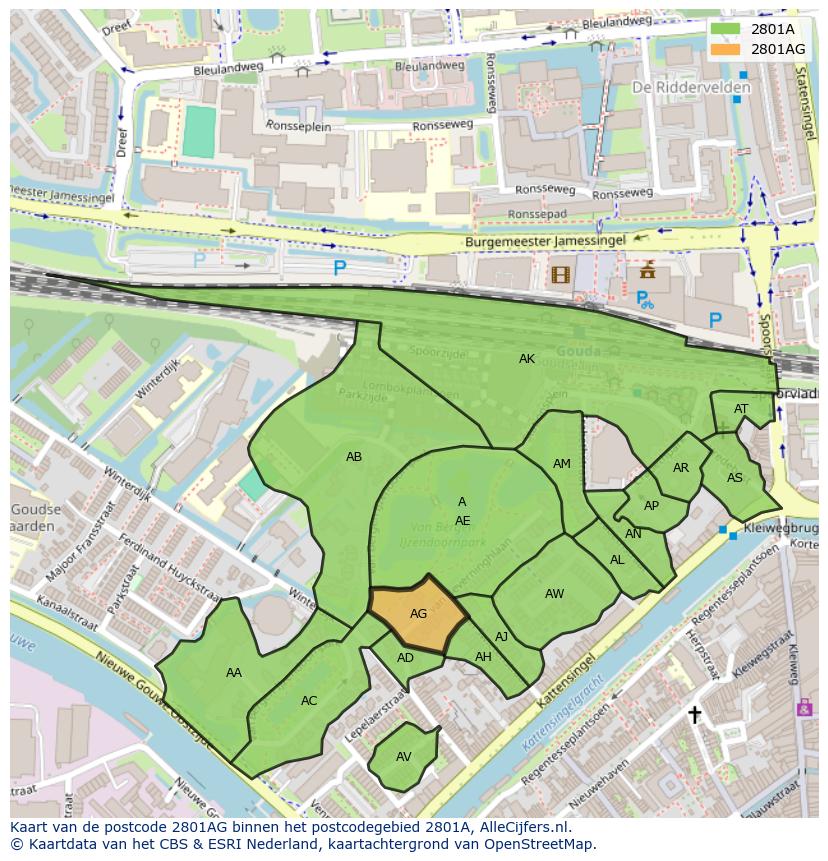 Afbeelding van het postcodegebied 2801 AG op de kaart.