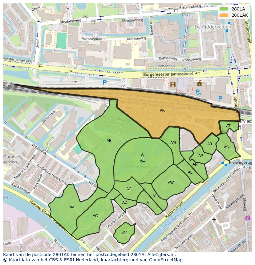 Afbeelding van het postcodegebied 2801 AK op de kaart.