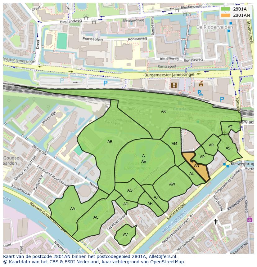 Afbeelding van het postcodegebied 2801 AN op de kaart.