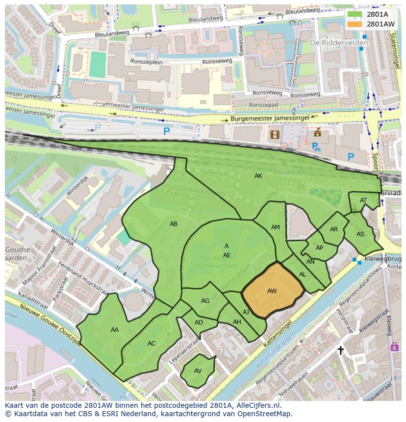 Afbeelding van het postcodegebied 2801 AW op de kaart.