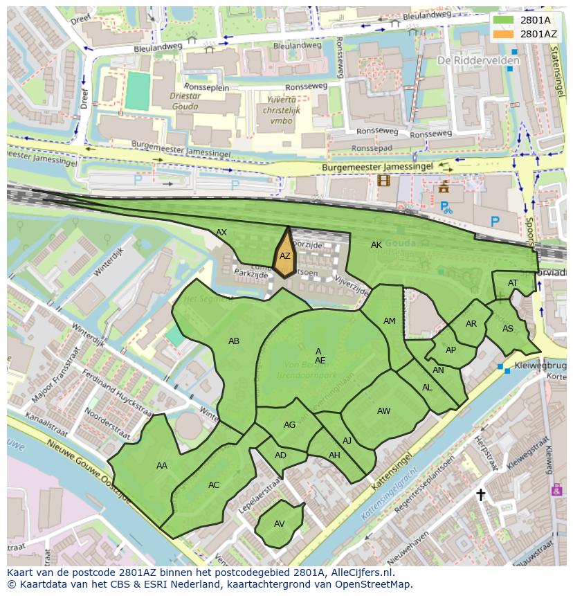 Afbeelding van het postcodegebied 2801 AZ op de kaart.