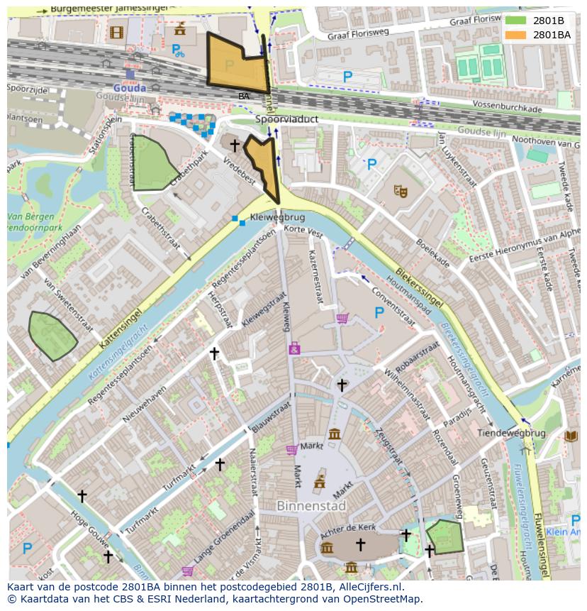 Afbeelding van het postcodegebied 2801 BA op de kaart.