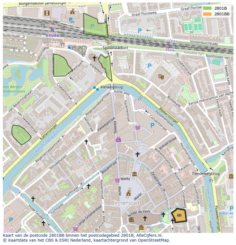 Afbeelding van het postcodegebied 2801 BB op de kaart.