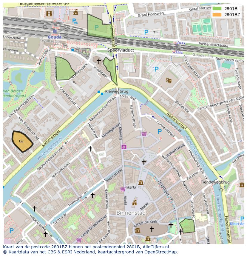 Afbeelding van het postcodegebied 2801 BZ op de kaart.
