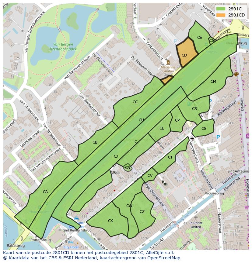 Afbeelding van het postcodegebied 2801 CD op de kaart.