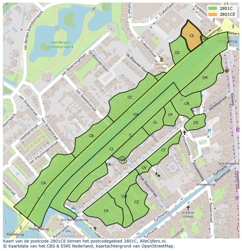 Afbeelding van het postcodegebied 2801 CE op de kaart.