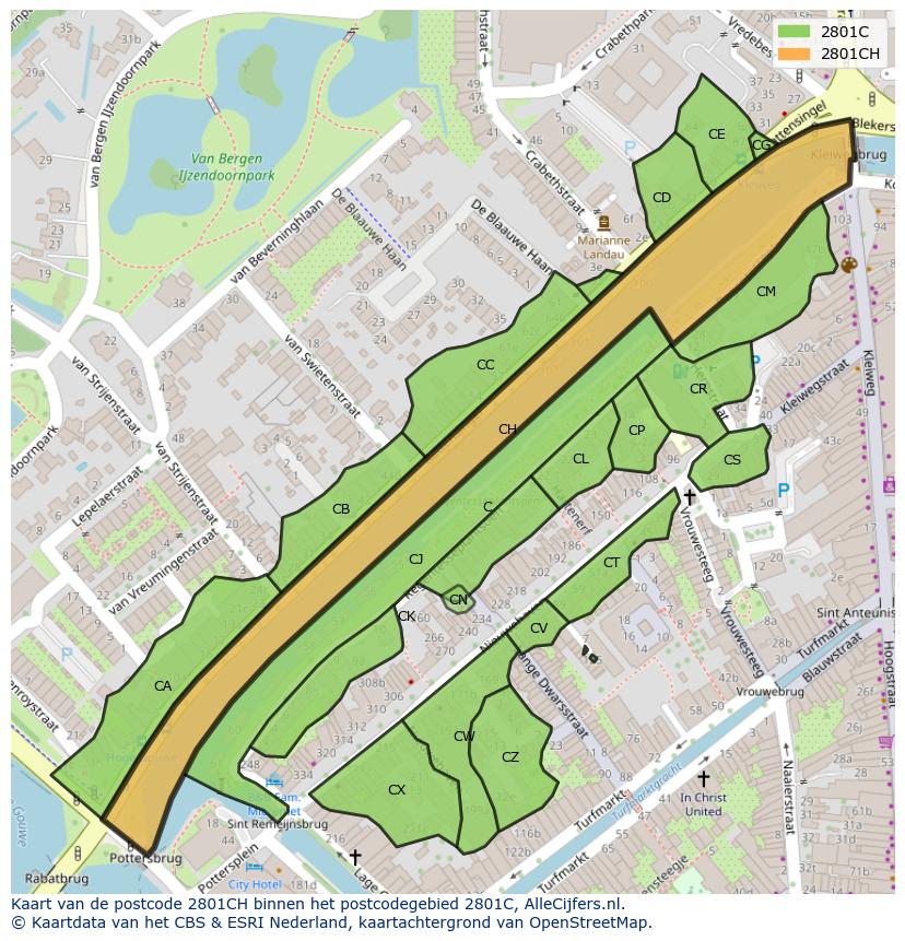 Afbeelding van het postcodegebied 2801 CH op de kaart.