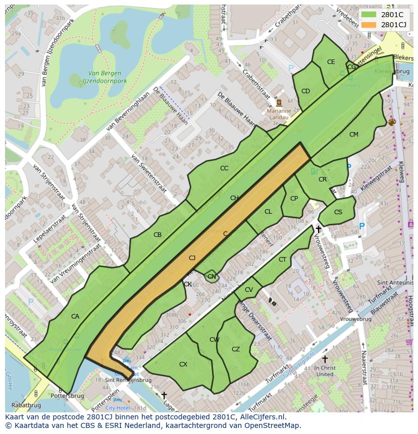 Afbeelding van het postcodegebied 2801 CJ op de kaart.