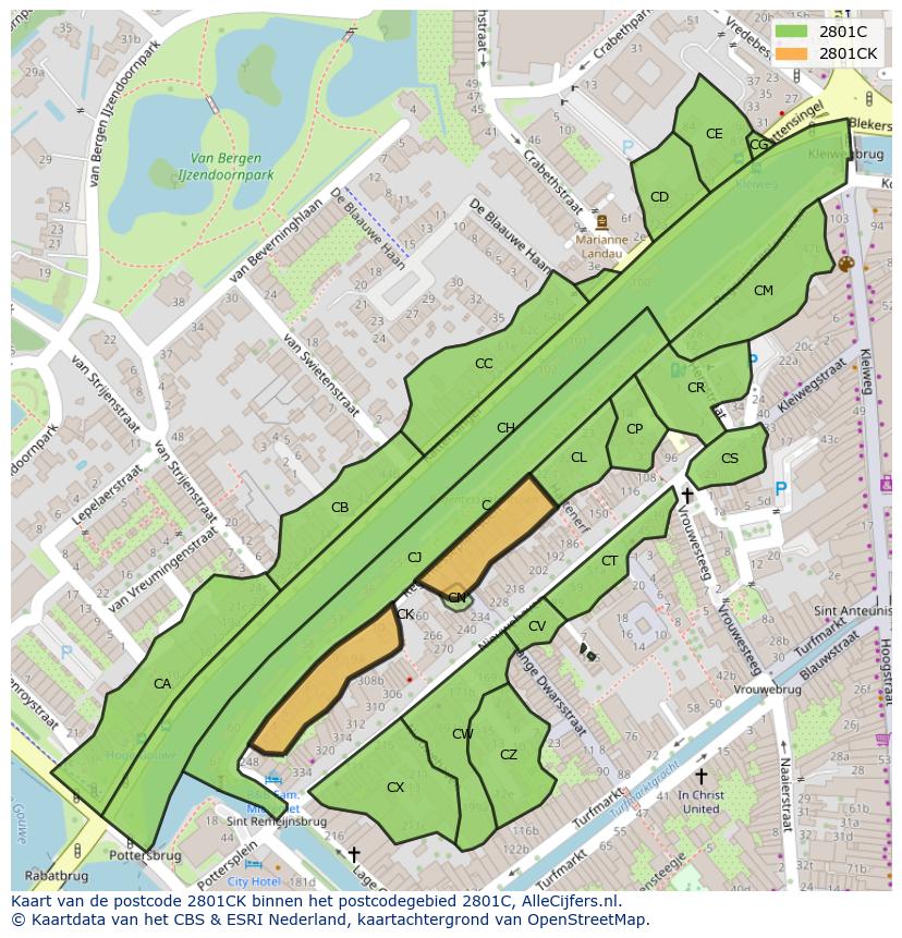 Afbeelding van het postcodegebied 2801 CK op de kaart.