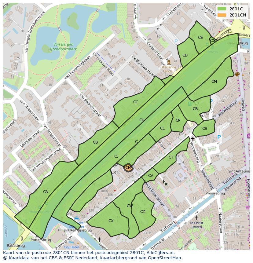Afbeelding van het postcodegebied 2801 CN op de kaart.