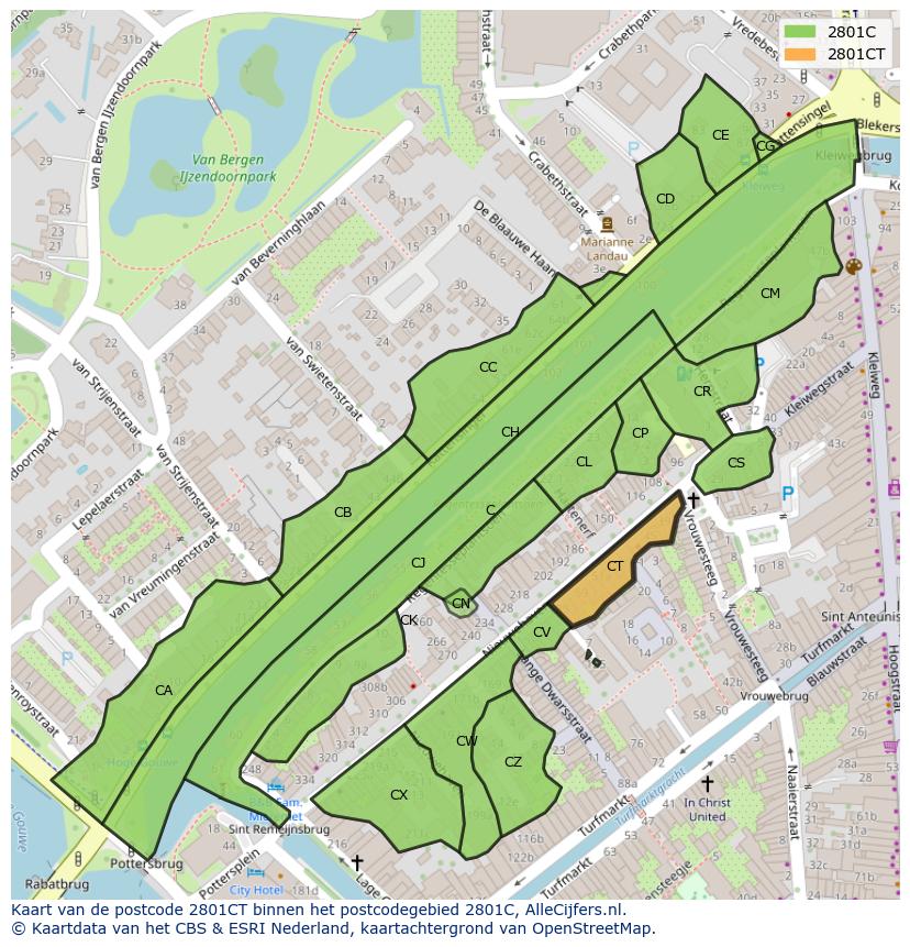 Afbeelding van het postcodegebied 2801 CT op de kaart.