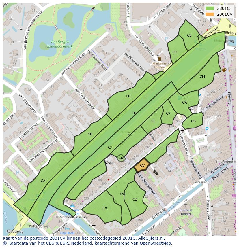 Afbeelding van het postcodegebied 2801 CV op de kaart.