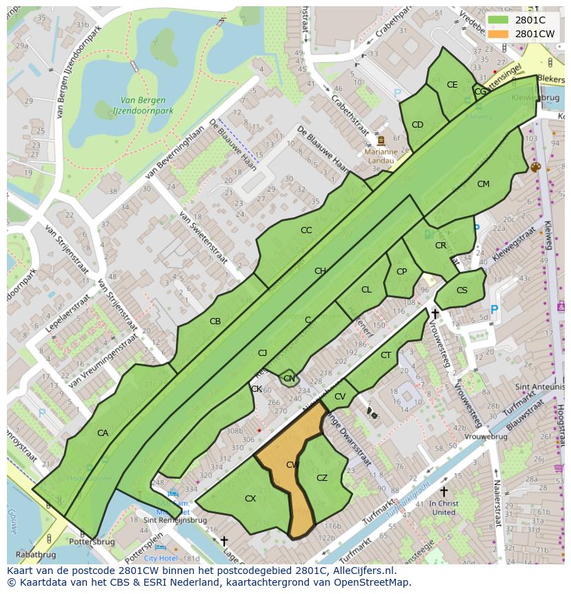 Afbeelding van het postcodegebied 2801 CW op de kaart.