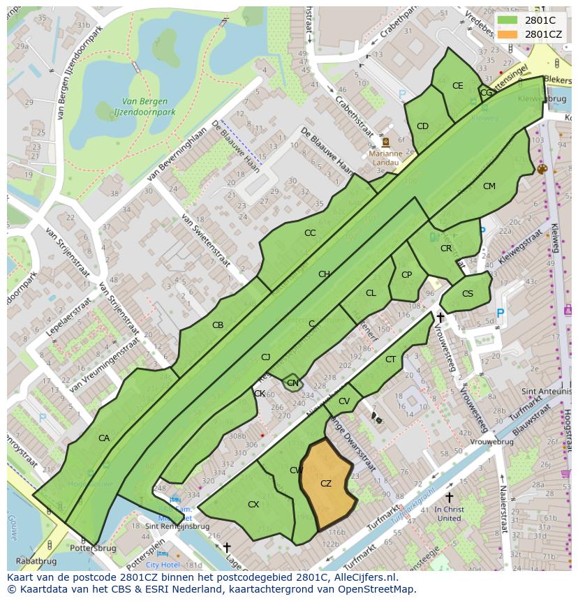 Afbeelding van het postcodegebied 2801 CZ op de kaart.
