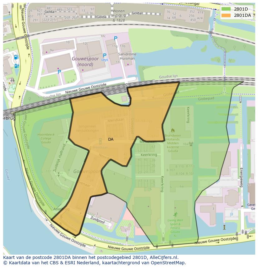 Afbeelding van het postcodegebied 2801 DA op de kaart.