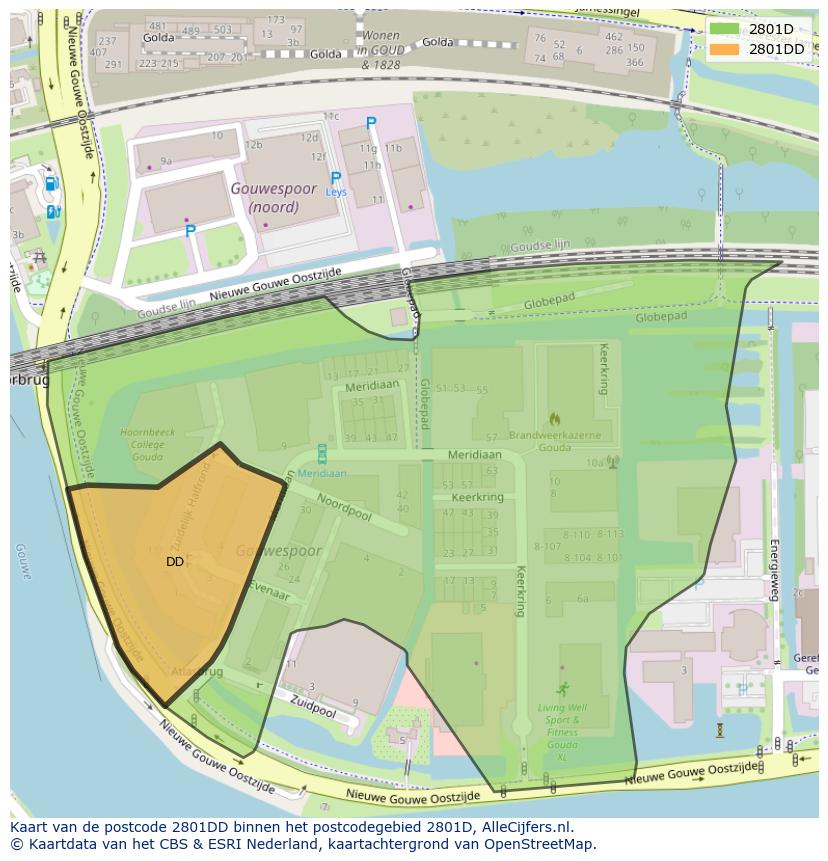 Afbeelding van het postcodegebied 2801 DD op de kaart.