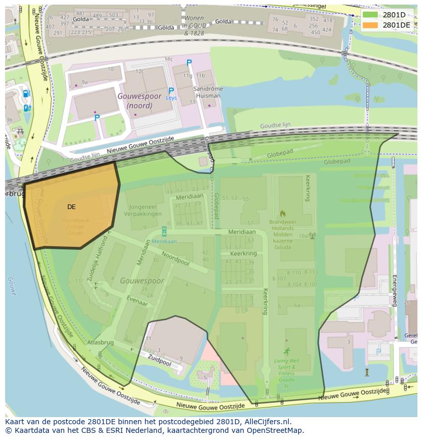 Afbeelding van het postcodegebied 2801 DE op de kaart.