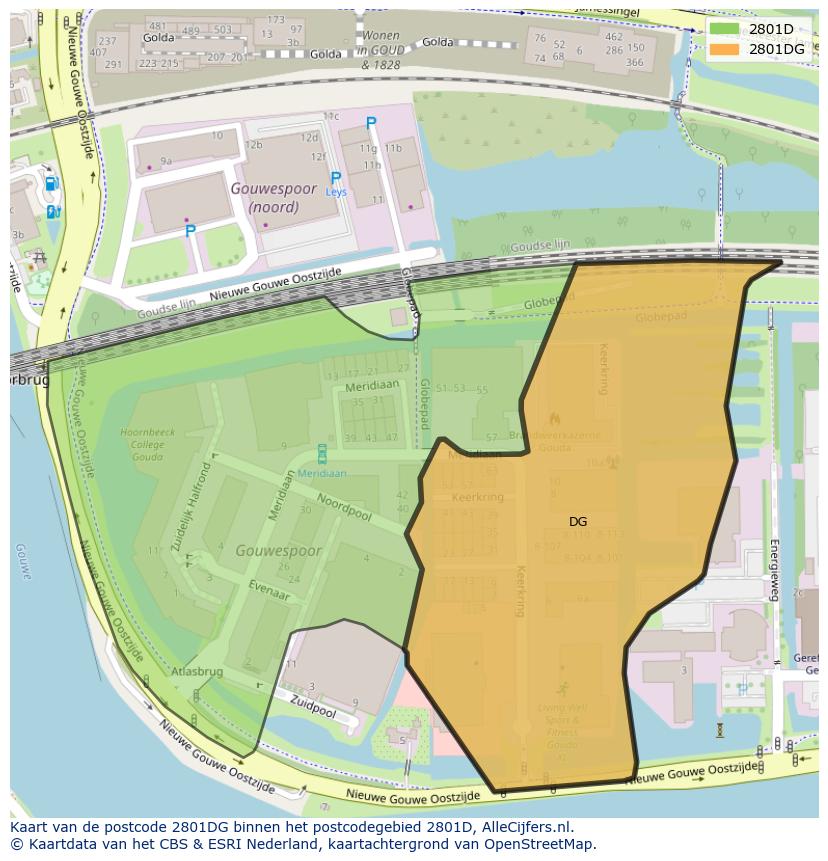 Afbeelding van het postcodegebied 2801 DG op de kaart.