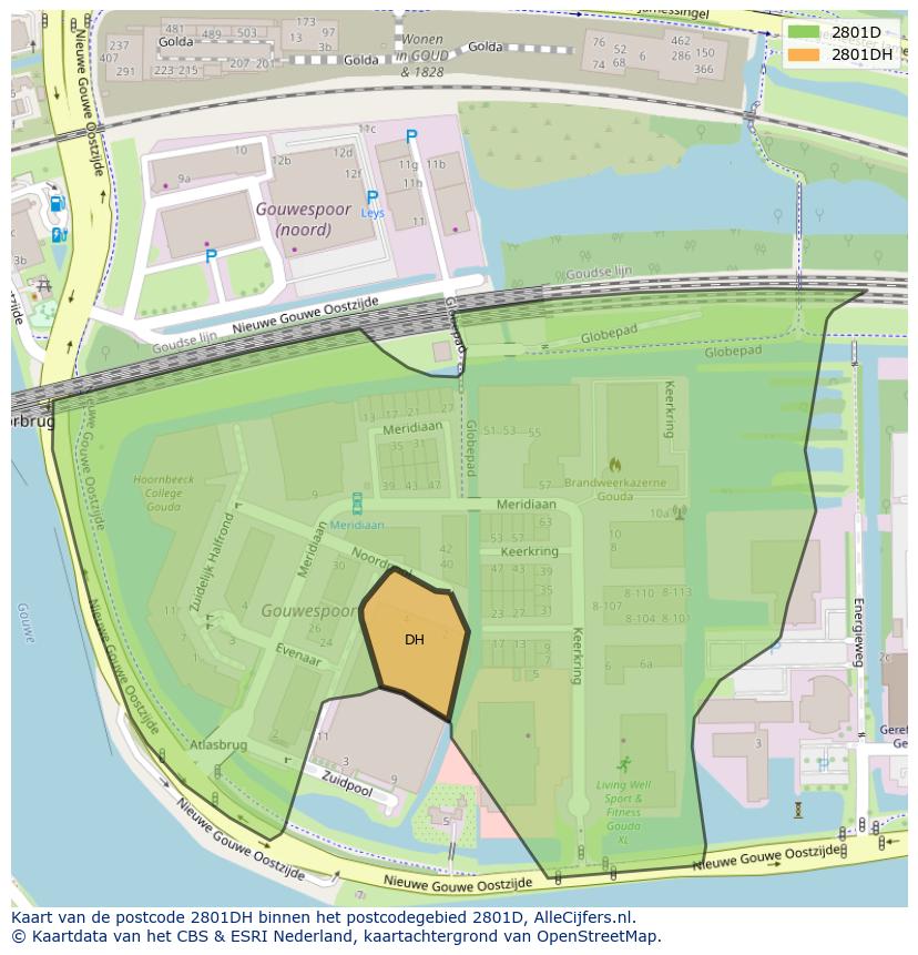 Afbeelding van het postcodegebied 2801 DH op de kaart.
