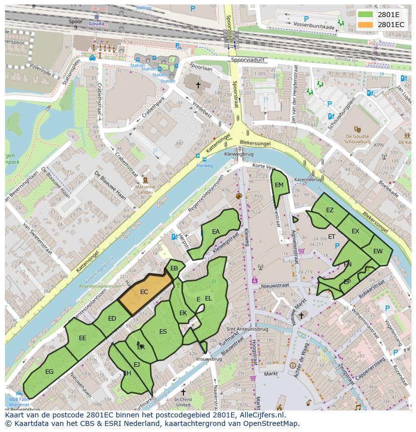 Afbeelding van het postcodegebied 2801 EC op de kaart.
