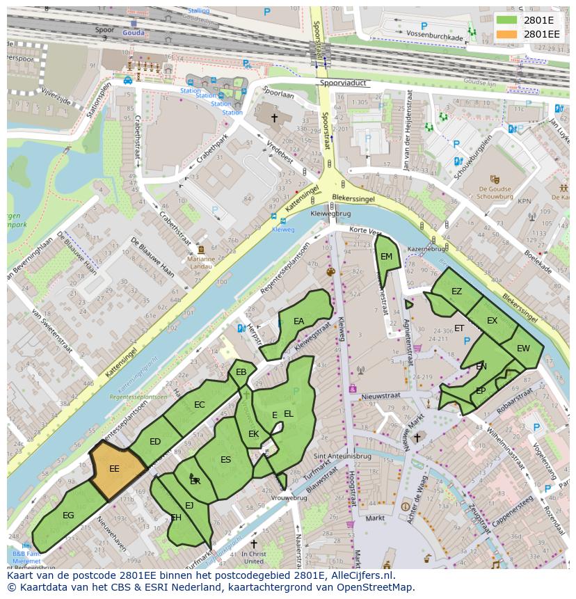 Afbeelding van het postcodegebied 2801 EE op de kaart.