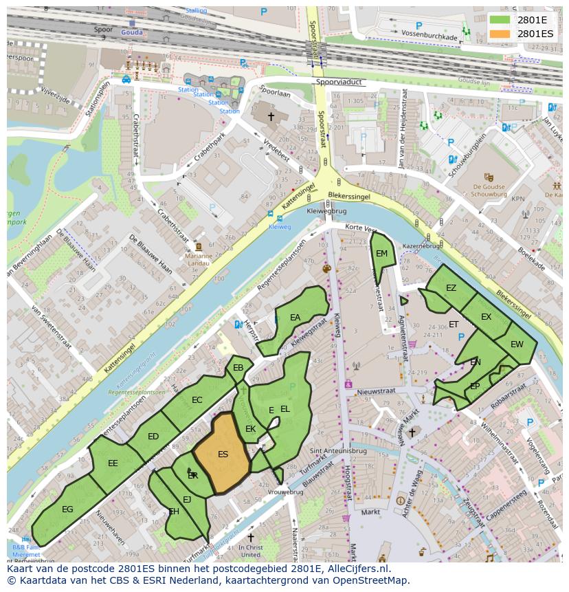 Afbeelding van het postcodegebied 2801 ES op de kaart.
