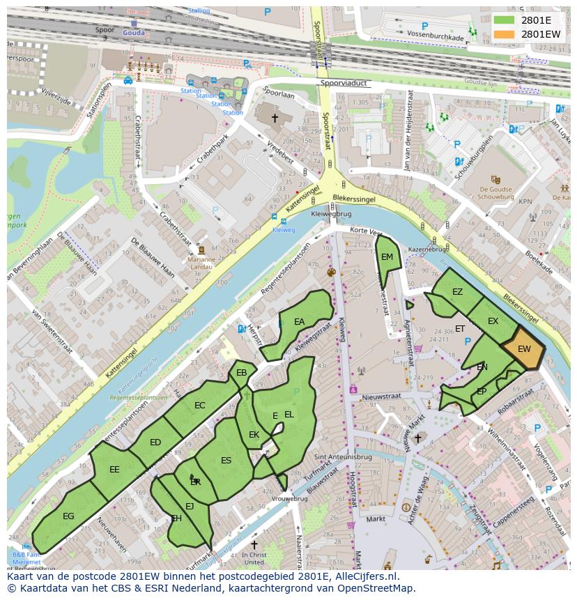 Afbeelding van het postcodegebied 2801 EW op de kaart.