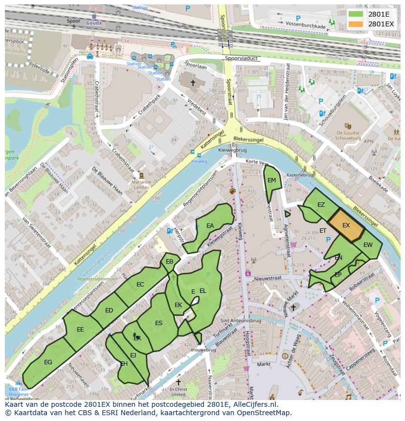 Afbeelding van het postcodegebied 2801 EX op de kaart.