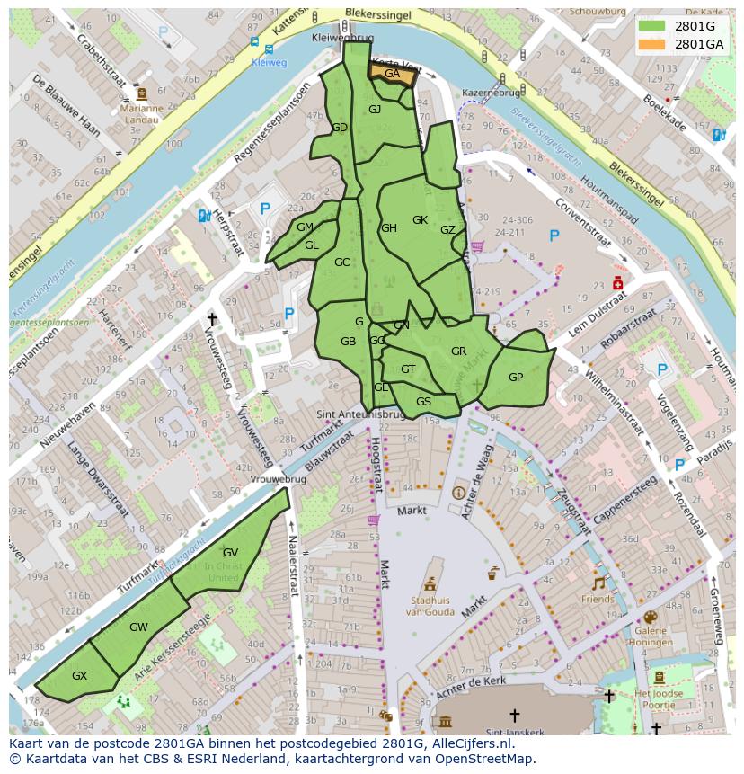 Afbeelding van het postcodegebied 2801 GA op de kaart.