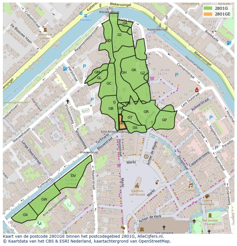 Afbeelding van het postcodegebied 2801 GE op de kaart.