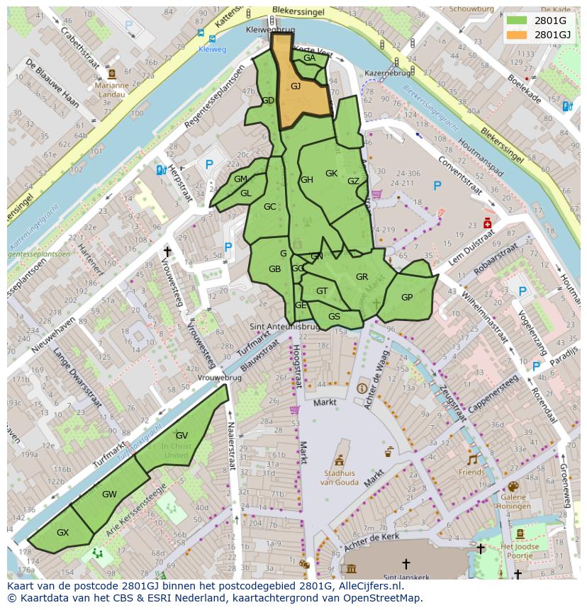 Afbeelding van het postcodegebied 2801 GJ op de kaart.