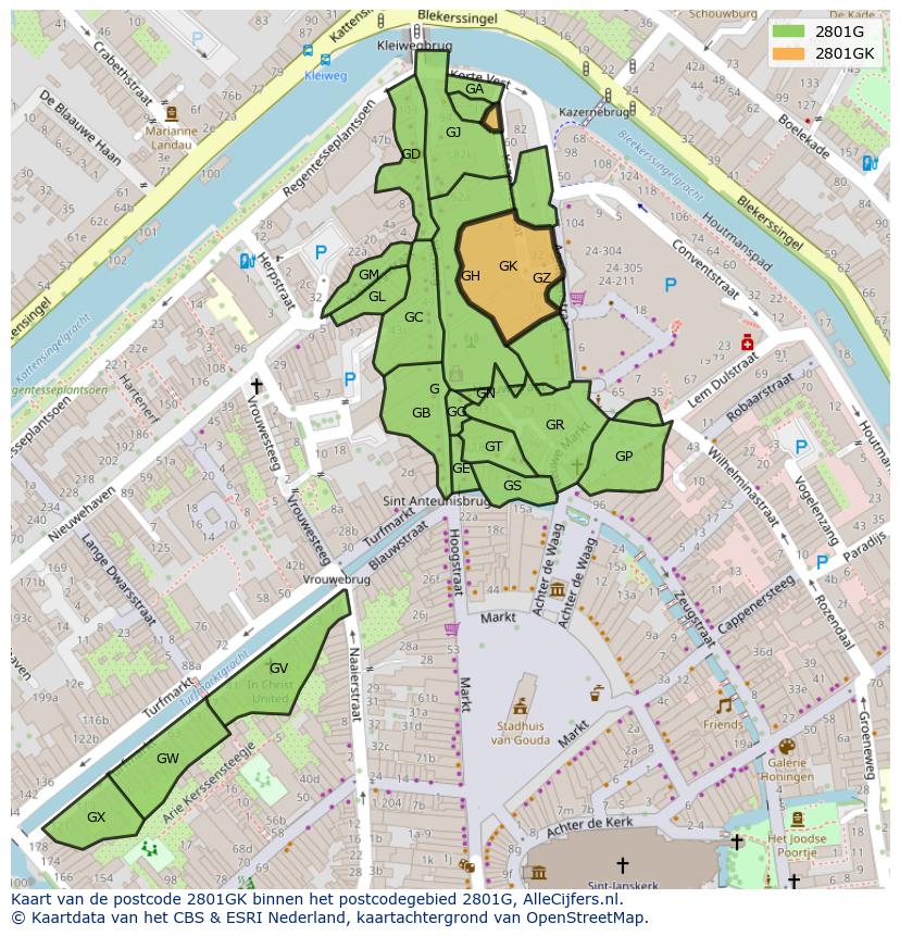 Afbeelding van het postcodegebied 2801 GK op de kaart.