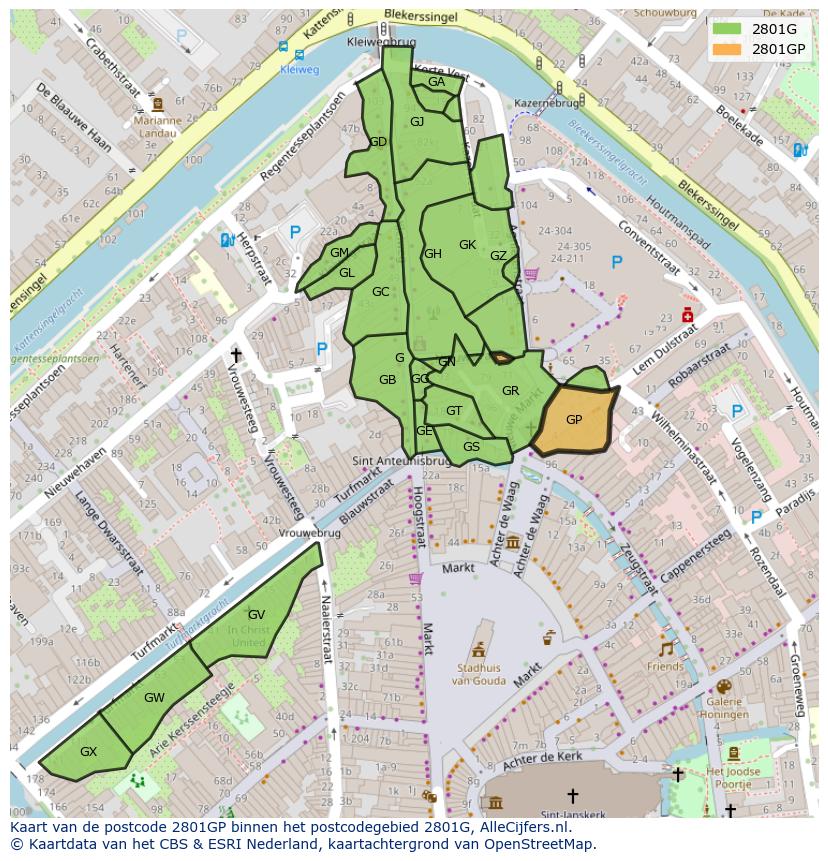 Afbeelding van het postcodegebied 2801 GP op de kaart.