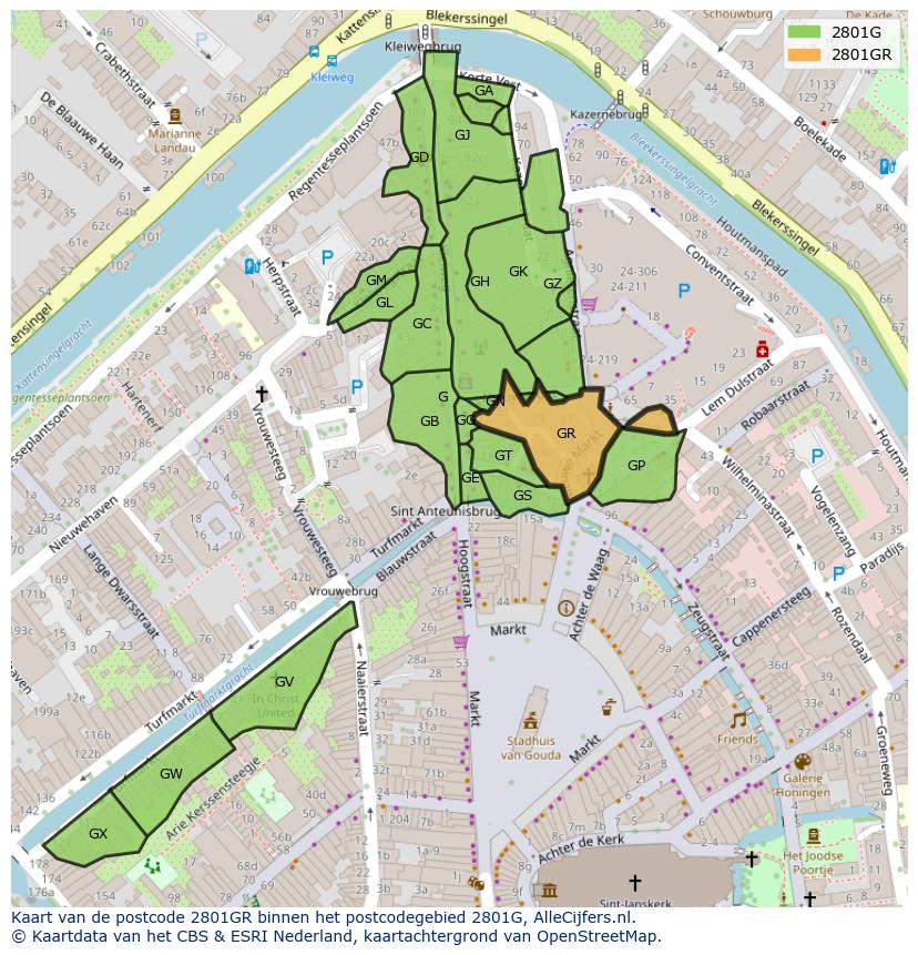 Afbeelding van het postcodegebied 2801 GR op de kaart.
