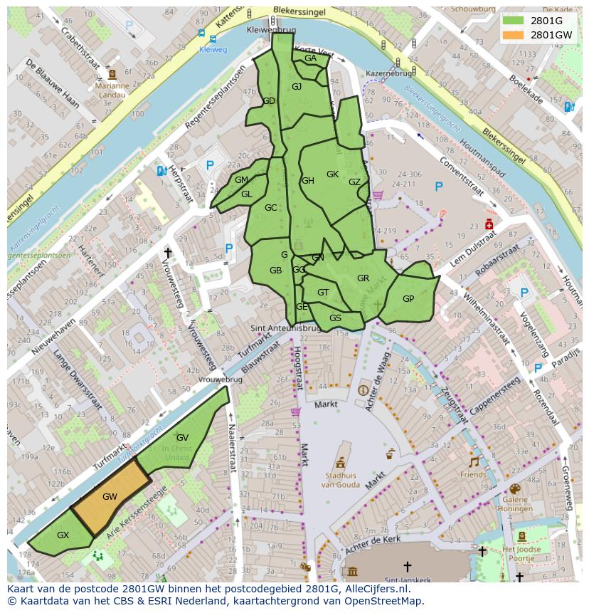Afbeelding van het postcodegebied 2801 GW op de kaart.