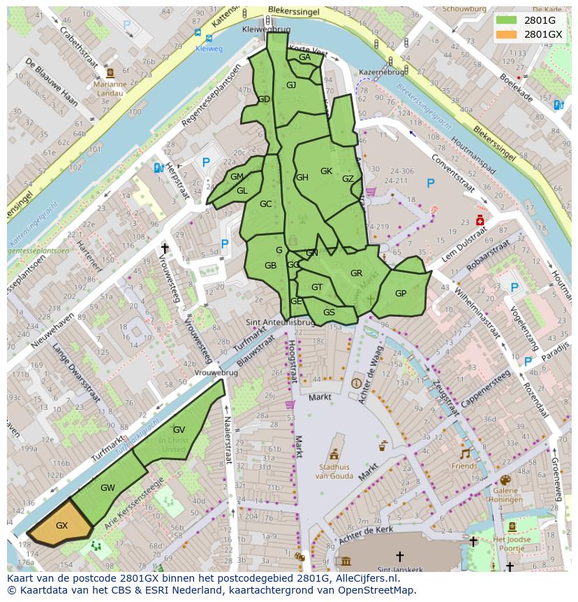 Afbeelding van het postcodegebied 2801 GX op de kaart.