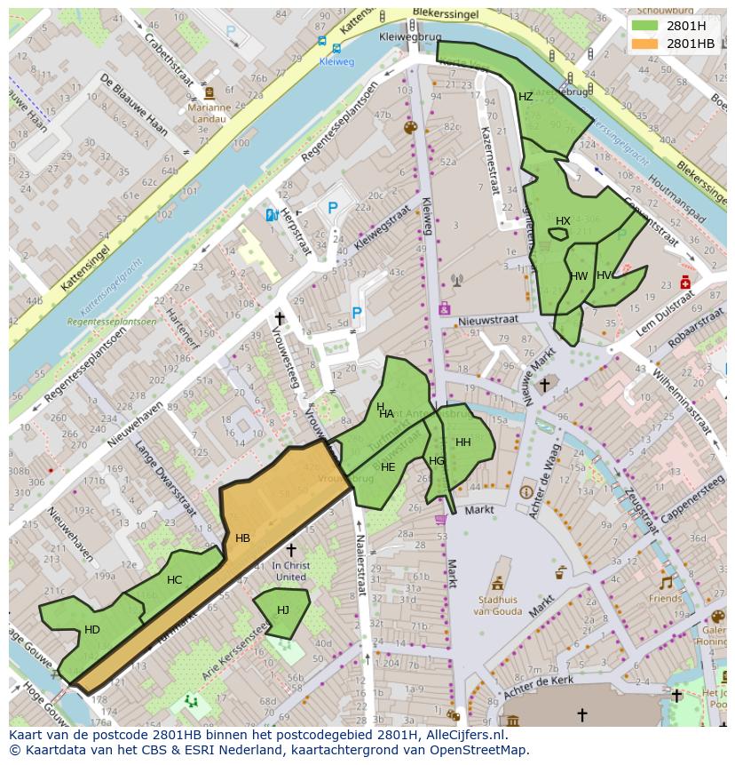 Afbeelding van het postcodegebied 2801 HB op de kaart.