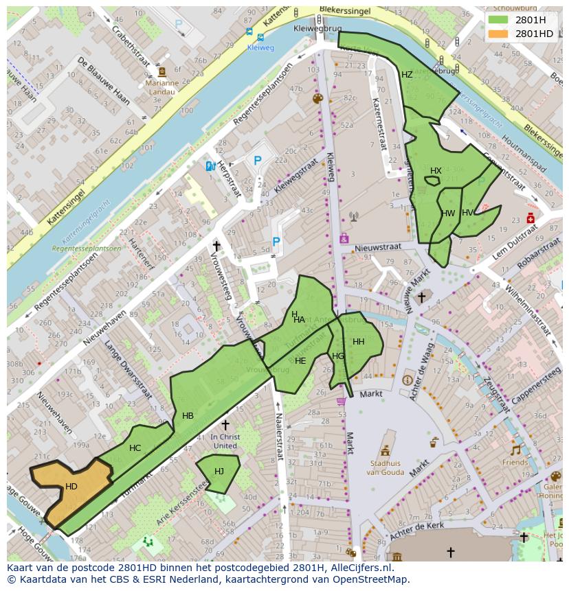Afbeelding van het postcodegebied 2801 HD op de kaart.