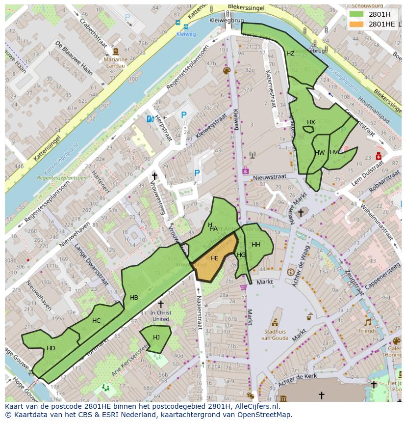 Afbeelding van het postcodegebied 2801 HE op de kaart.