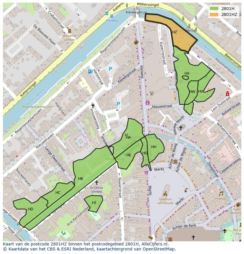 Afbeelding van het postcodegebied 2801 HZ op de kaart.
