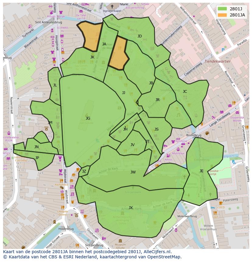 Afbeelding van het postcodegebied 2801 JA op de kaart.