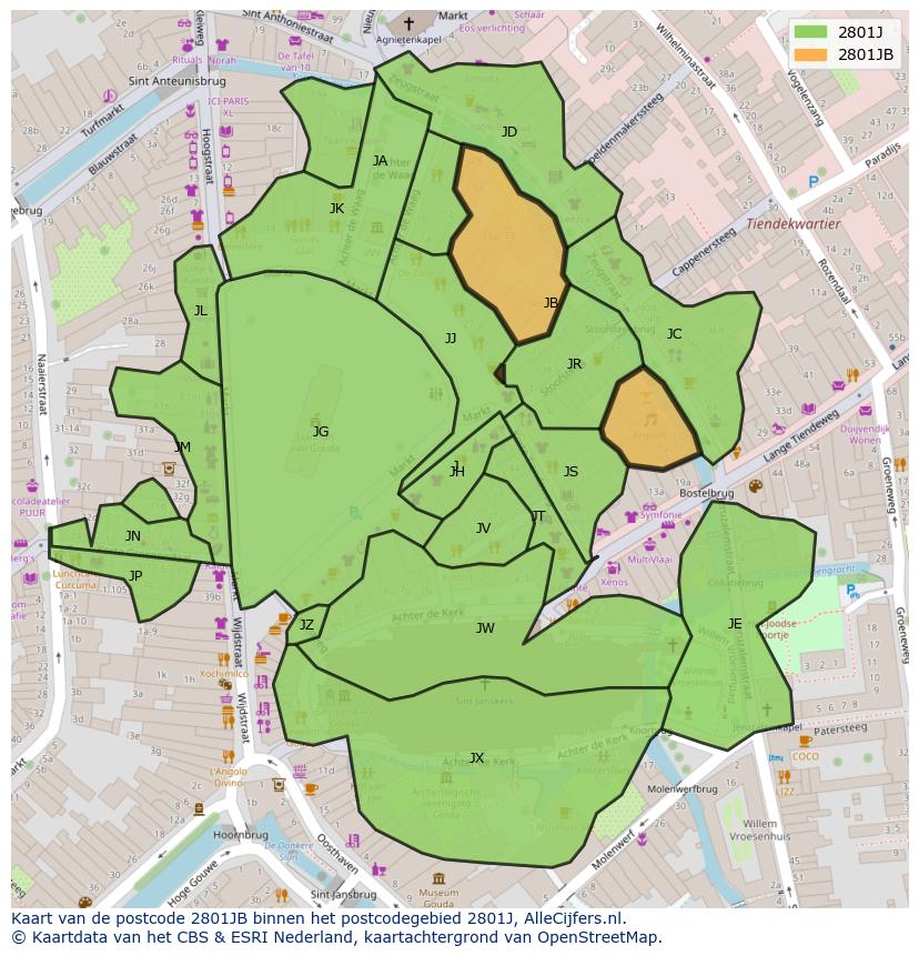 Afbeelding van het postcodegebied 2801 JB op de kaart.