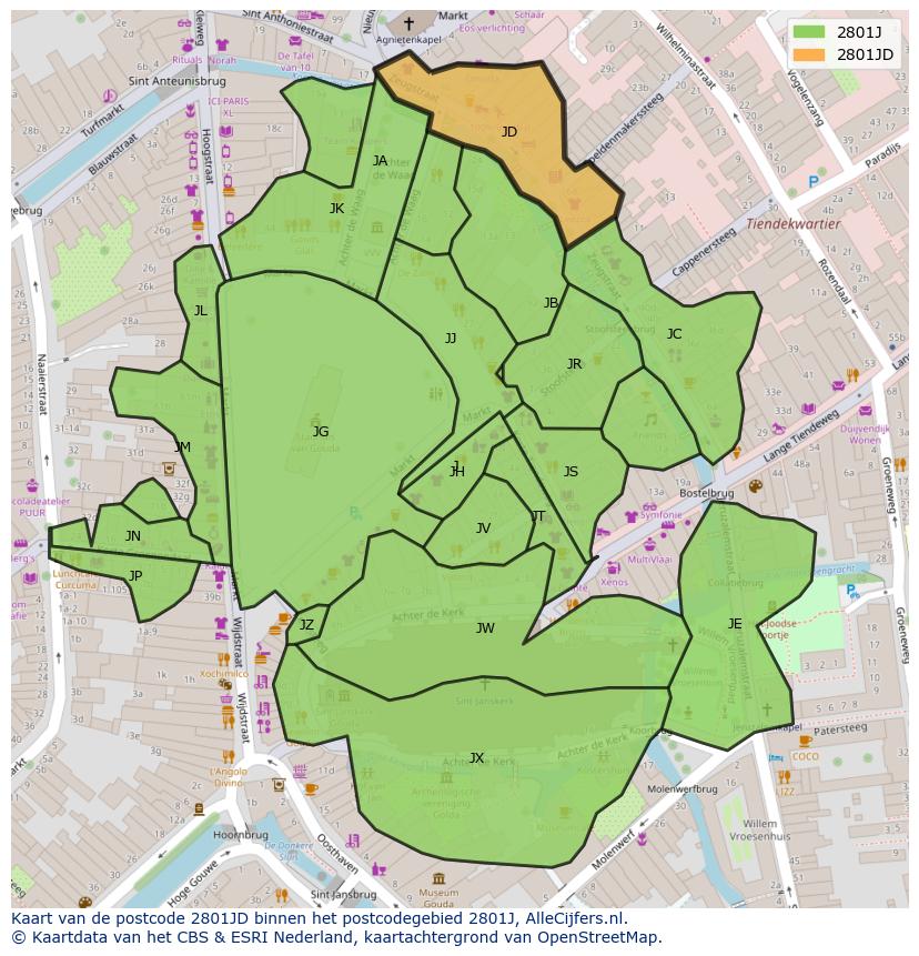 Afbeelding van het postcodegebied 2801 JD op de kaart.