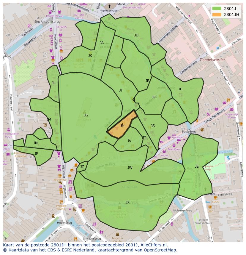 Afbeelding van het postcodegebied 2801 JH op de kaart.