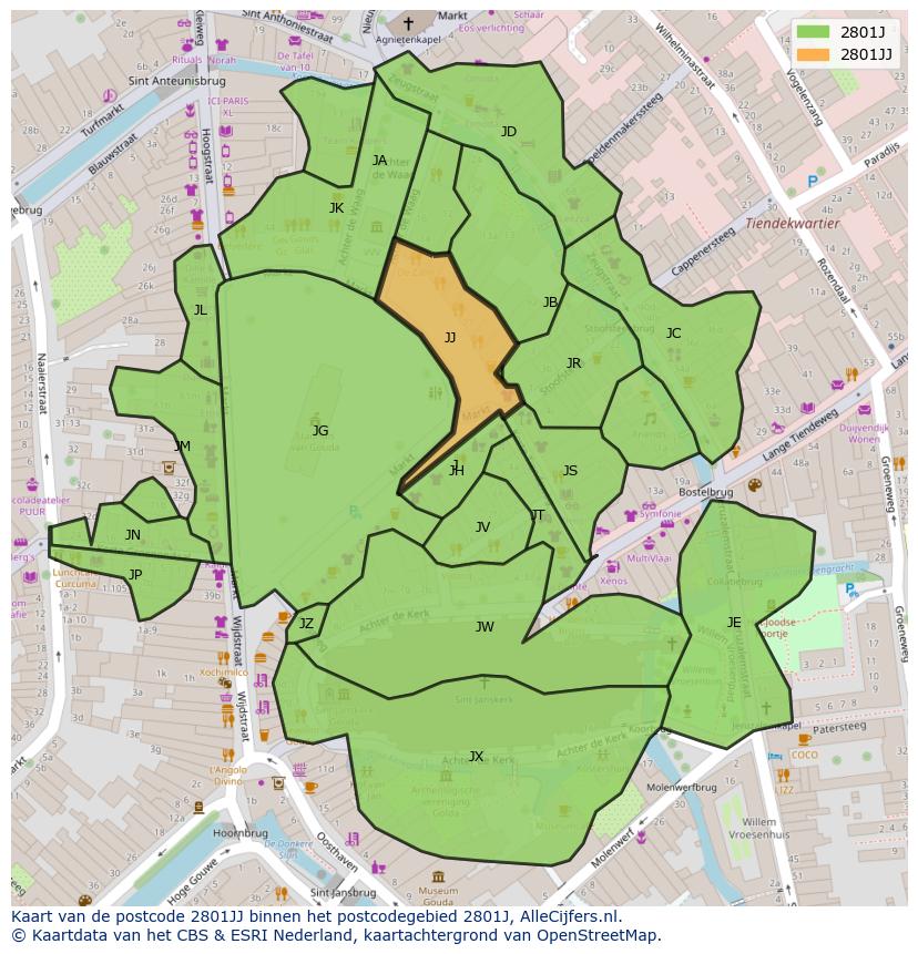 Afbeelding van het postcodegebied 2801 JJ op de kaart.