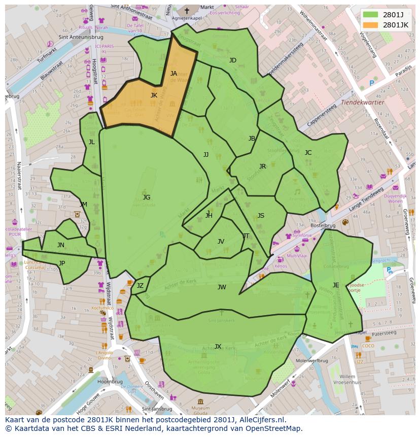 Afbeelding van het postcodegebied 2801 JK op de kaart.