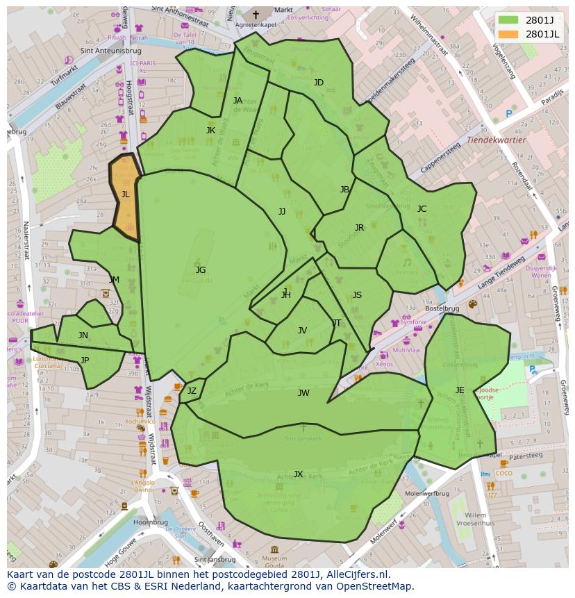 Afbeelding van het postcodegebied 2801 JL op de kaart.