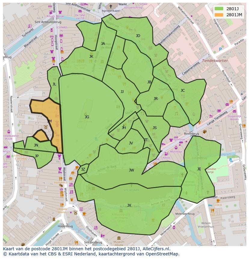 Afbeelding van het postcodegebied 2801 JM op de kaart.
