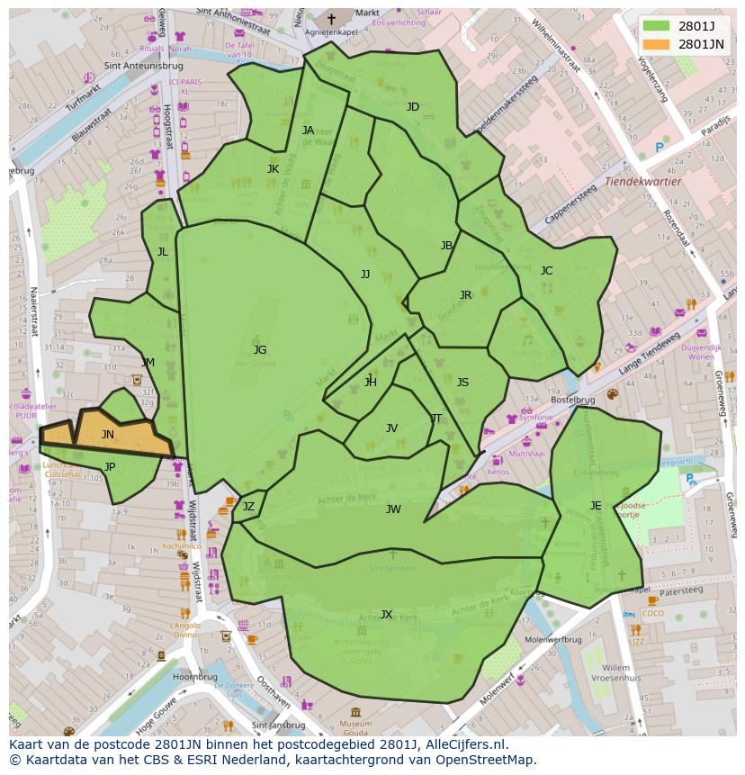 Afbeelding van het postcodegebied 2801 JN op de kaart.