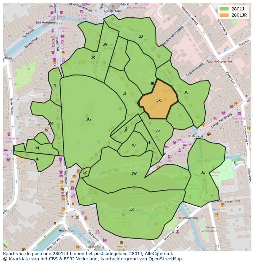 Afbeelding van het postcodegebied 2801 JR op de kaart.